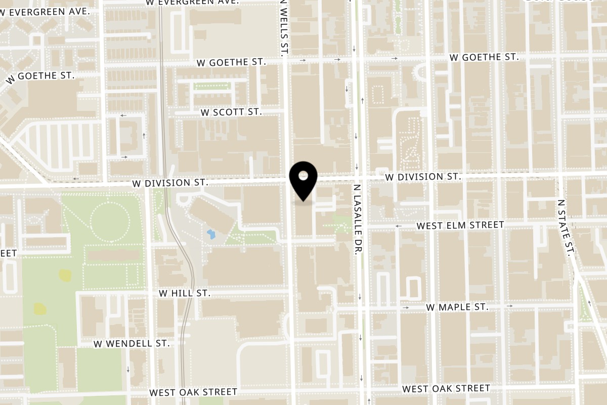 Map showing the location of Fire Bowl Hibachi on 1143 N Wells St in Chicago